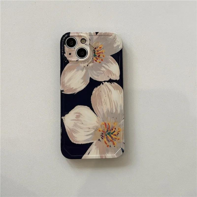 Black Cute Flower Oil Painting Phone Case for iPhone 11, 12, 13, 14 Pro Max, and 14 Plus - Touchy Style