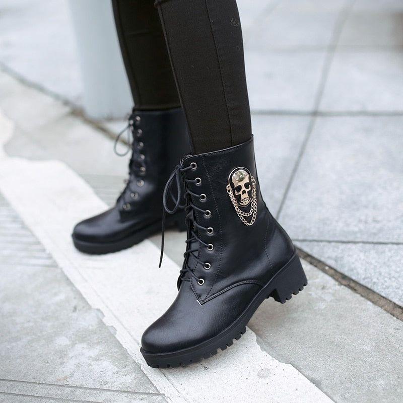 Black Leather Ankle Boots Skull Street Fashion Women&