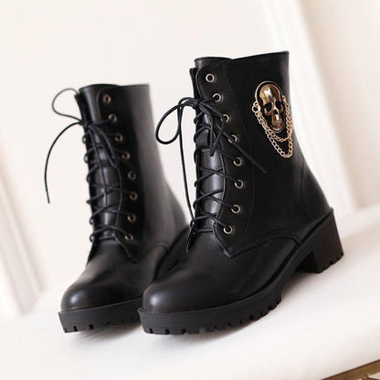 Black Leather Ankle Boots Skull Street Fashion Women&