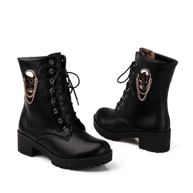 Black Leather Ankle Boots Skull Street Fashion Women&