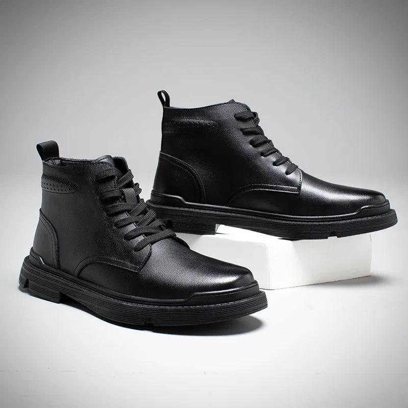 Black Leather Thick Ankle Boots - KA3094 Men&