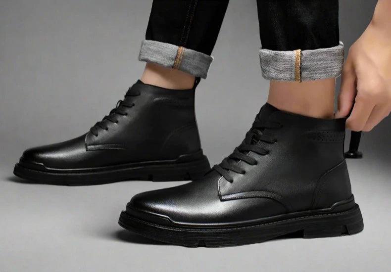 Black Leather Thick Ankle Boots - KA3094 Men&