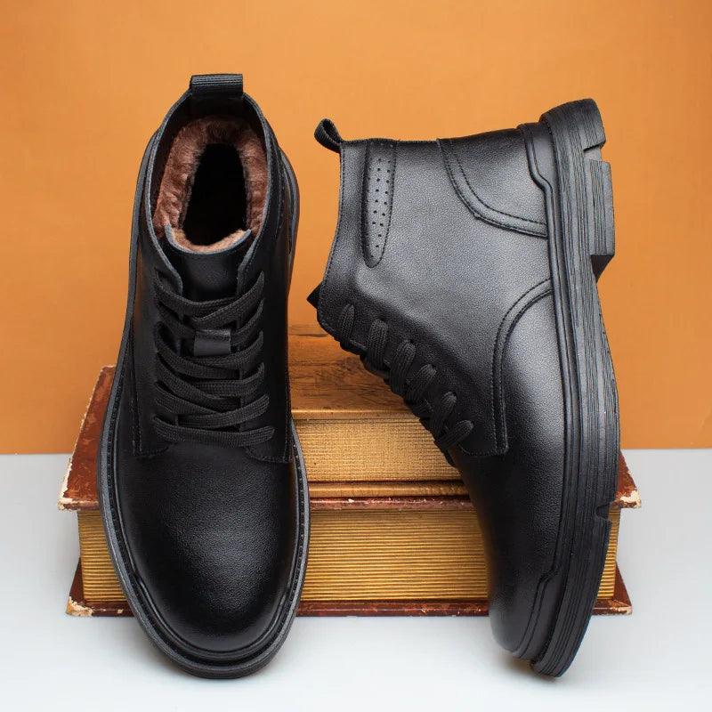 Black Leather Thick Ankle Boots - KA3094 Men&