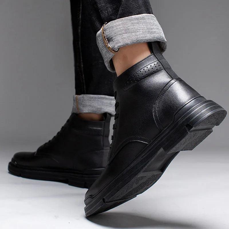 Black Leather Thick Ankle Boots - KA3094 Men&