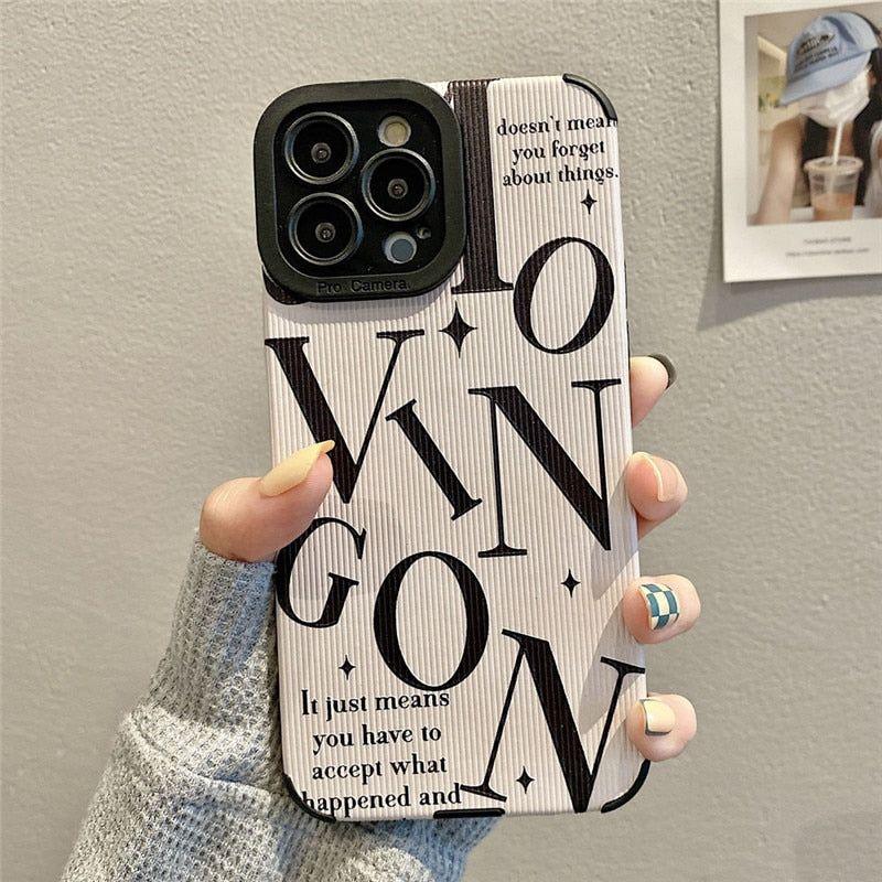 Black Letter Soft Leather Cute Phone Cases For iPhone 14, 13, 12 Pro, 11, XS Max, 7, 8 Plus, X, XR, SE - Touchy Style