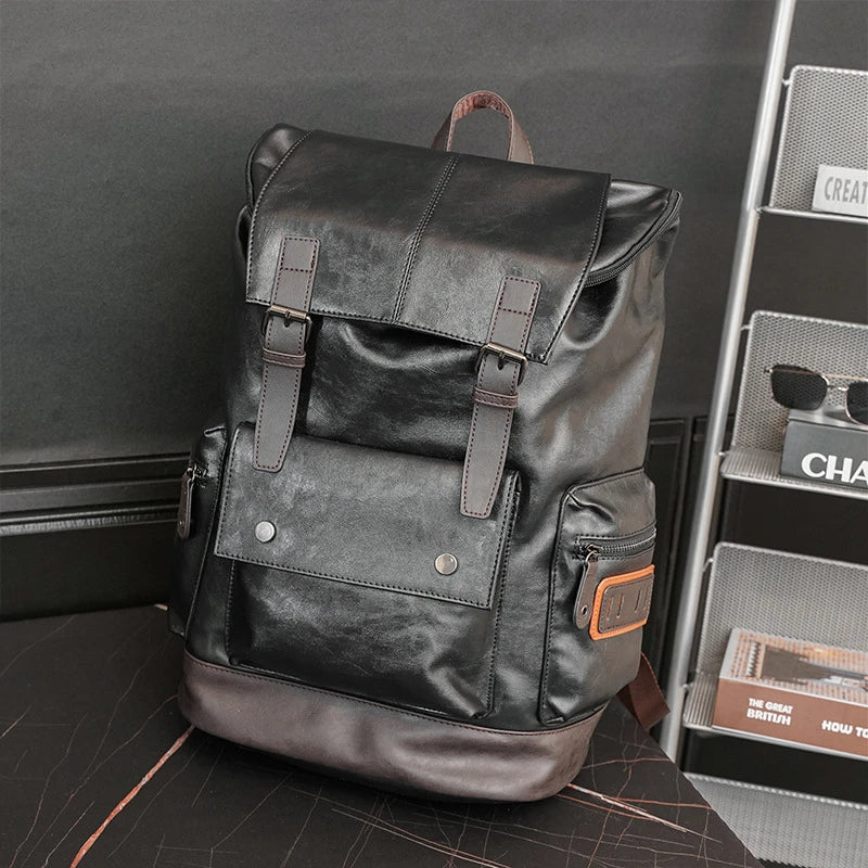 Black Pu Leather Cool Backpack For Men&