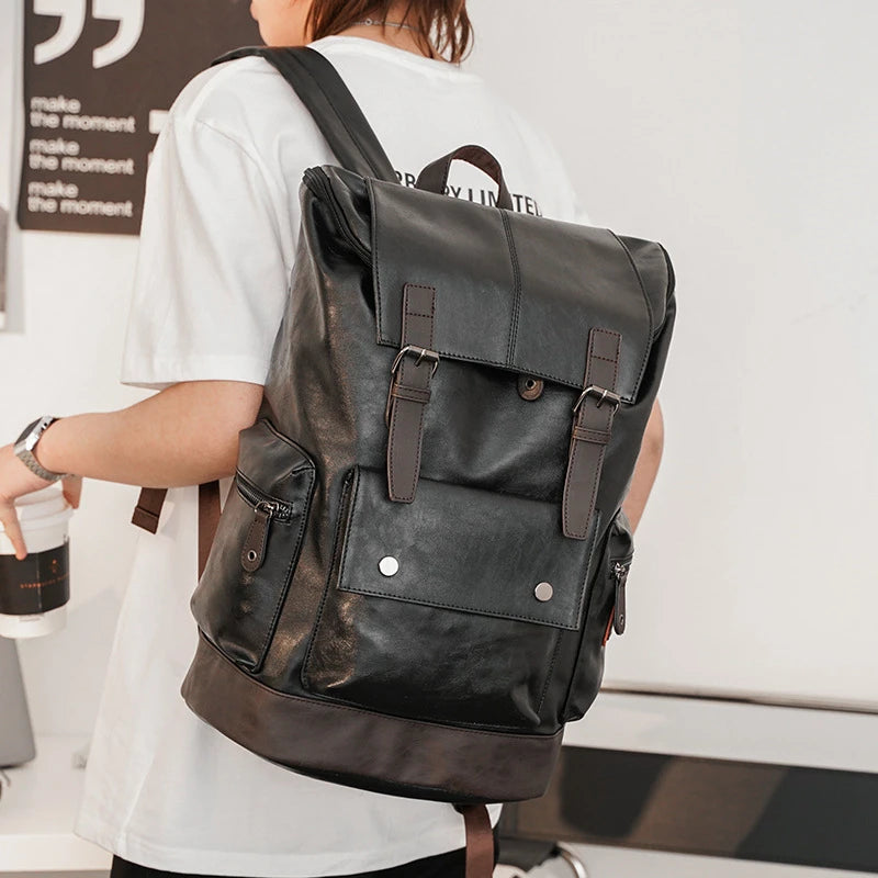 Black Pu Leather Cool Backpack For Men&