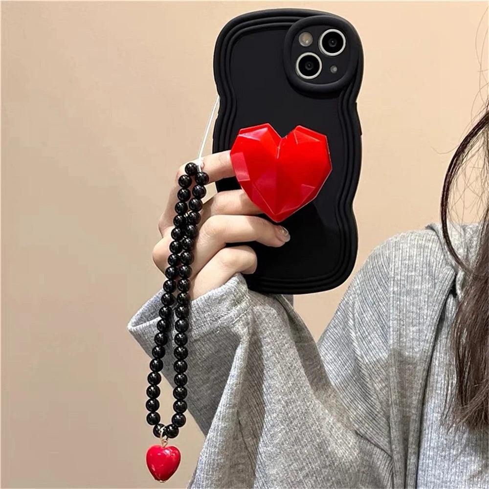 Black Wave Cute Phone Case with Strap for iPhone 14, 13, 12, 11 Pro, XS Max, X, XR - Korean 3D Love Heart Bracket Bracelet Chain Design - Touchy Style