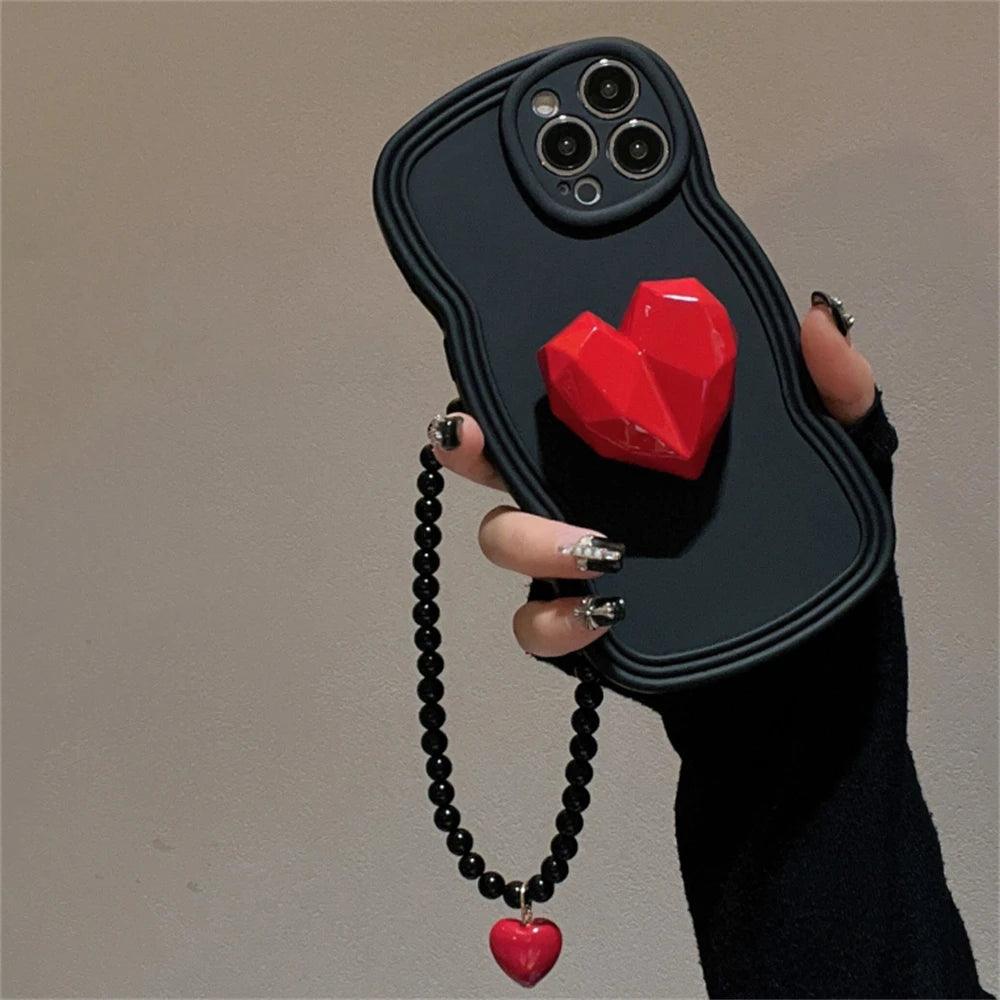 Black Wave Cute Phone Case with Strap for iPhone 14, 13, 12, 11 Pro, XS Max, X, XR - Korean 3D Love Heart Bracket Bracelet Chain Design - Touchy Style