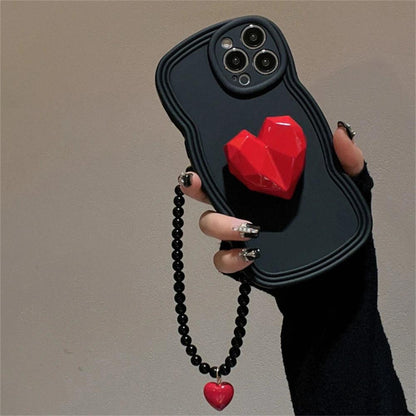 Black Wave Cute Phone Case with Strap for iPhone 14, 13, 12, 11 Pro, XS Max, X, XR - Korean 3D Love Heart Bracket Bracelet Chain Design - Touchy Style