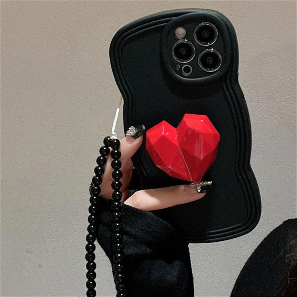 Black Wave Cute Phone Case with Strap for iPhone 14, 13, 12, 11 Pro, XS Max, X, XR - Korean 3D Love Heart Bracket Bracelet Chain Design - Touchy Style