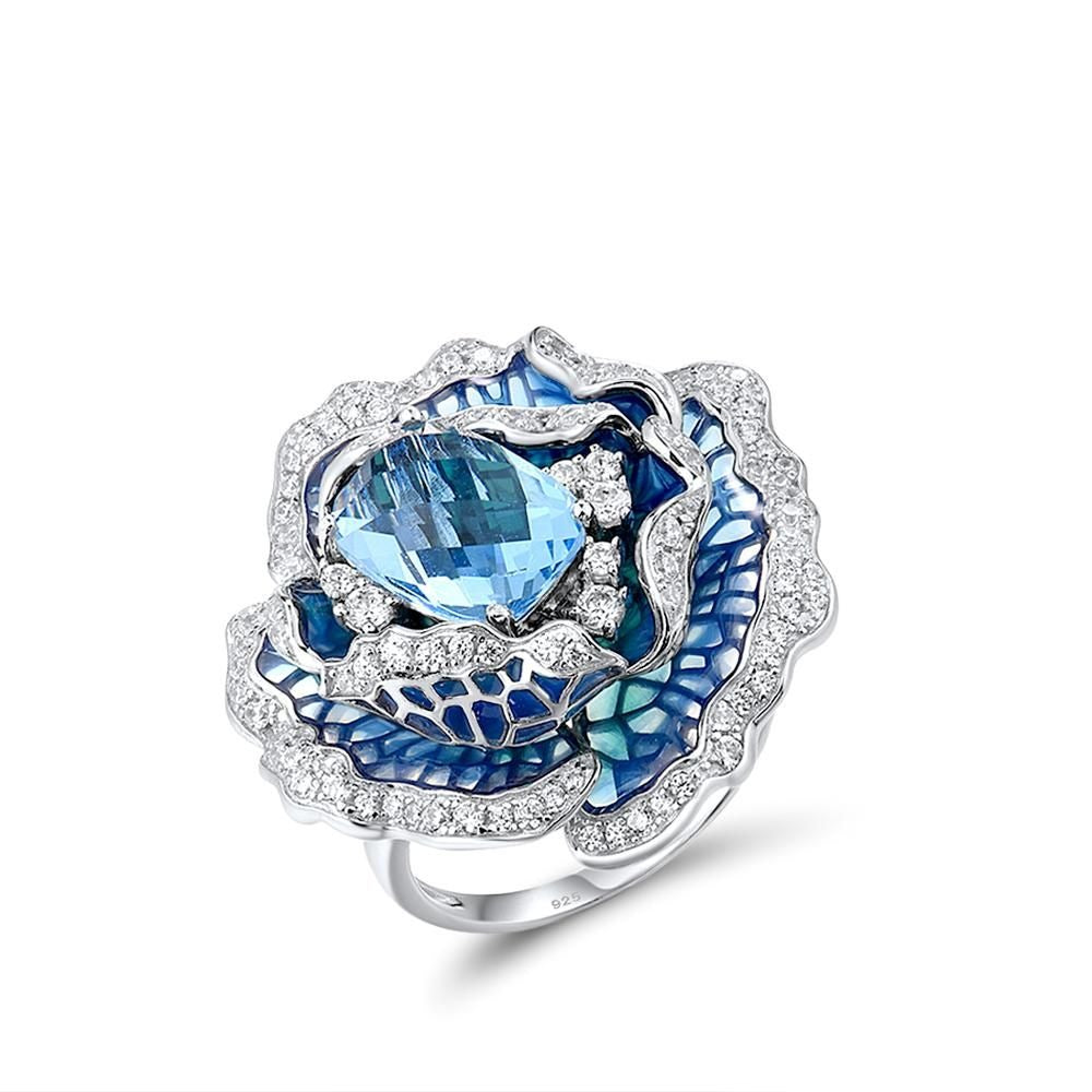 Blue Blooming Flower Ring Charm Jewelry - 925 Sterling Silver (GZ158) - Touchy Style