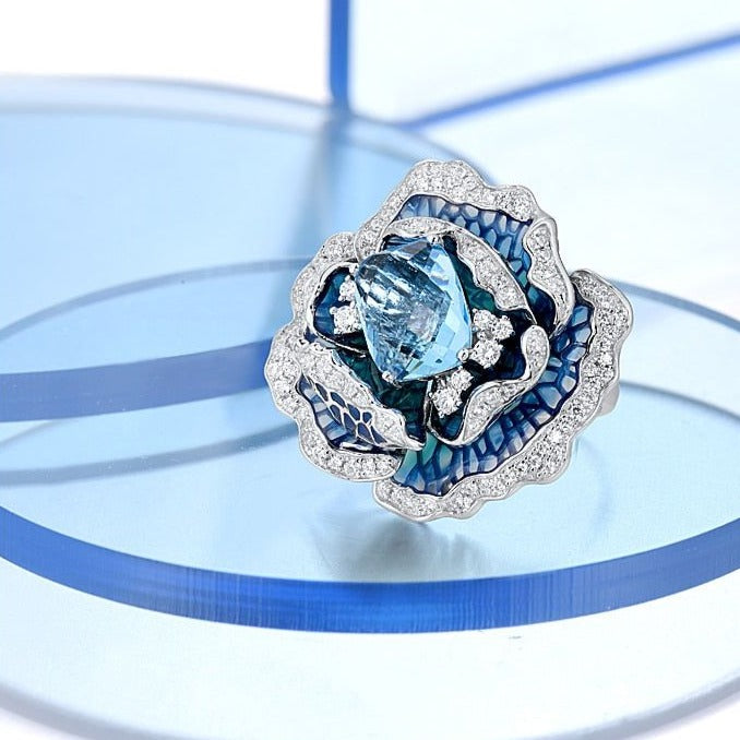 Blue Blooming Flower Ring Charm Jewelry - 925 Sterling Silver (GZ158) - Touchy Style