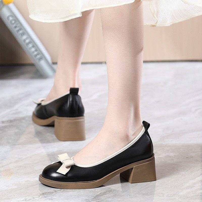 Bow Genuine Leather Fashion Pumps - Women&