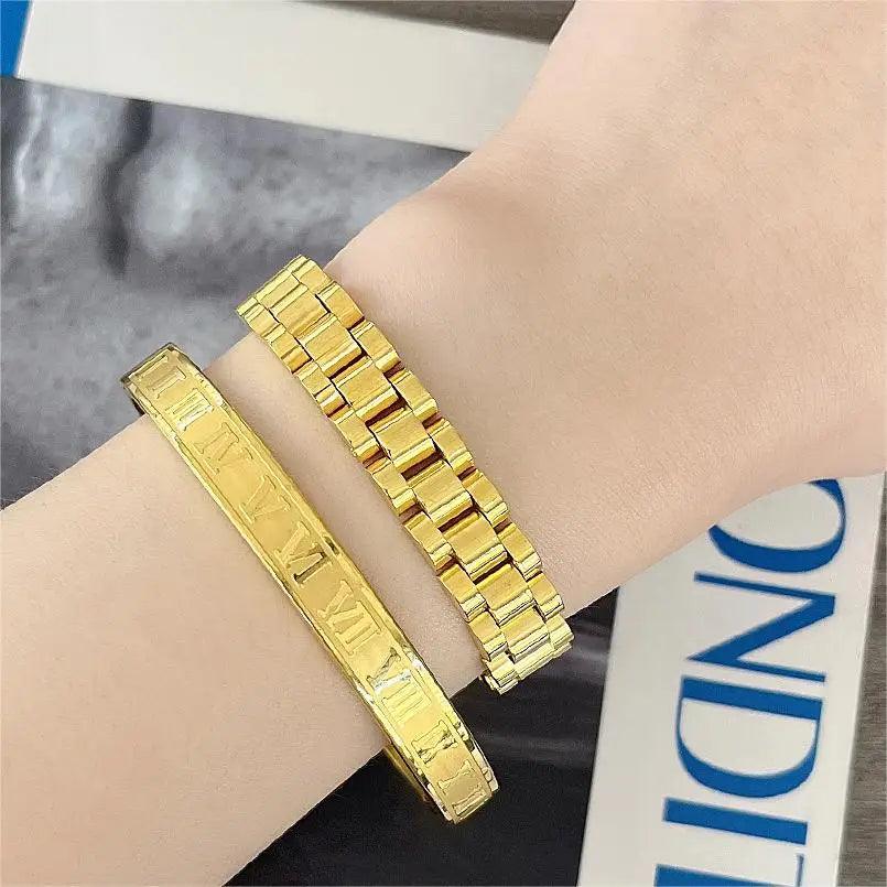 Bracelets Charm Jewelry - Golden Plated - Wide Opening Bangles - Roman Numeral - TSJ22 - Touchy Style