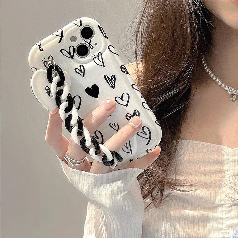 CCPC303 Cute Phone Case for iPhone 14, 13, 12 Pro Max, 11 XR, X, XS, 7, and 8 plus - Graffiti Simple Hearts Pattern with Bracelet - Touchy Style