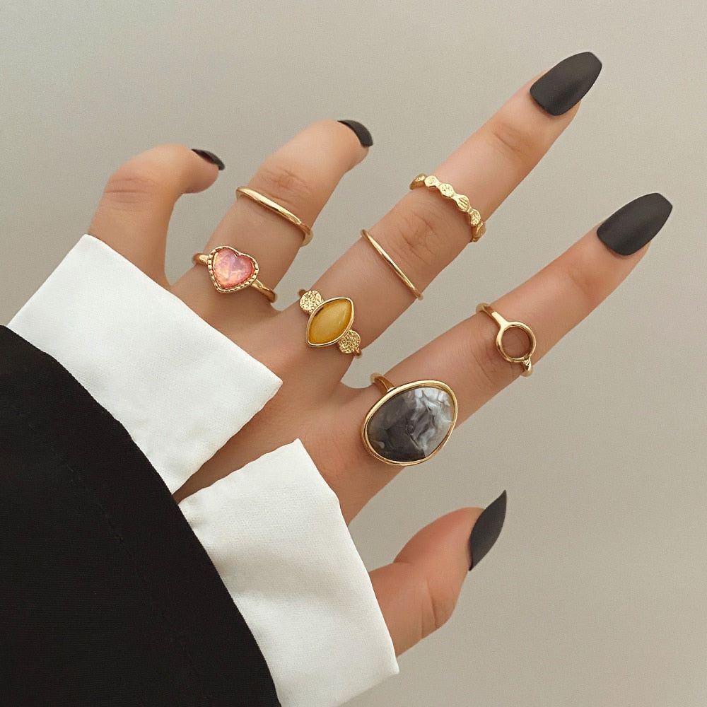 Charm Jewelry Joint 2021 Vintage Ring Style Set Ring Metal Touchy | Acrylic Bohemian Finger Geometric Fashion Curved Set Alloy