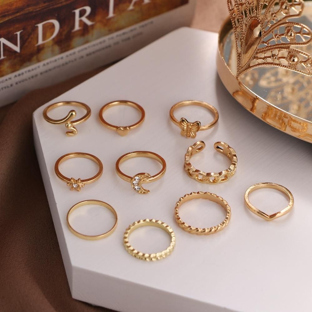 Charm Jewelry Set Vintage Gold Moon Butterfly Knuckle Ring Set 2021 Bohemian Geometry Female Knuckle Ring - Touchy Style