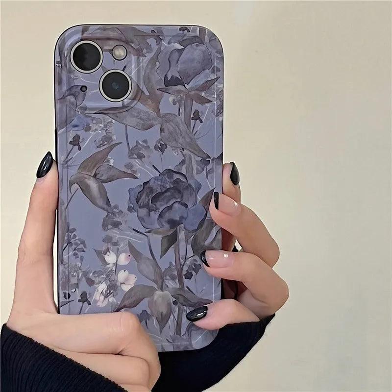 Charming Gray Flowers Oil Painting Cute Phone Cases For iPhone 12 Pro Max 13 11 14 And 14 Pro - Touchy Style