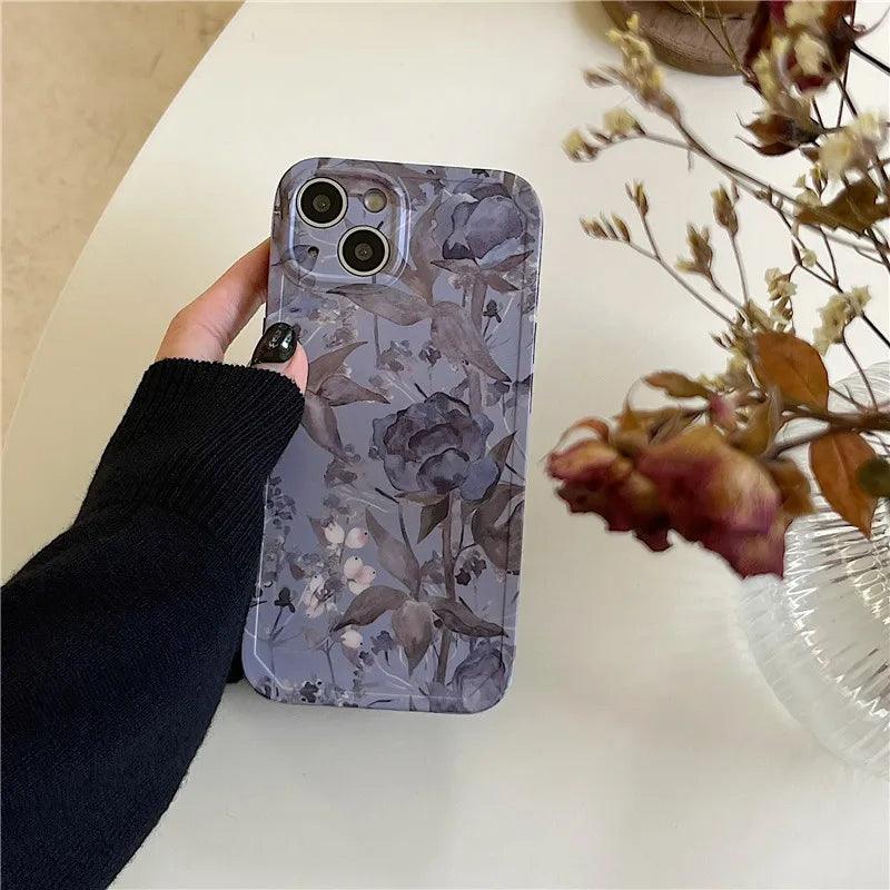 Charming Gray Flowers Oil Painting Cute Phone Cases For iPhone 12 Pro Max 13 11 14 And 14 Pro - Touchy Style