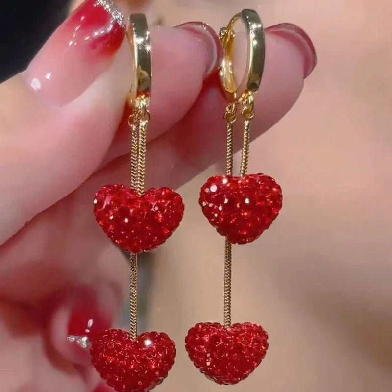 Copper Alloy Drop Earrings Charm Jewelry ECJOS17 Red Crystal Heart - Touchy Style