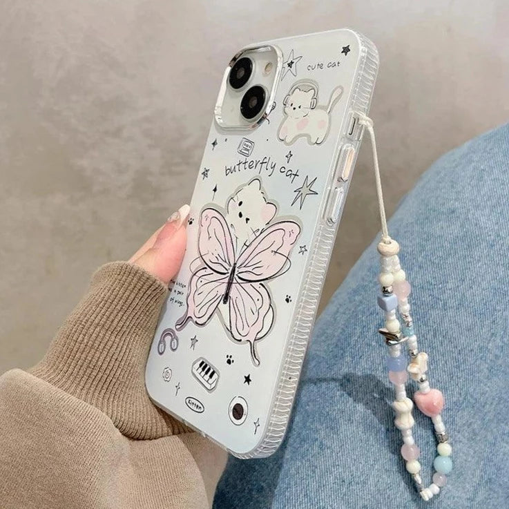 Cute Cartoon Butterfly Cat Phone Case with Chain for iPhone 11, 12, 13, 14, 15 Pro Max, and 15 Plus - Touchy Style