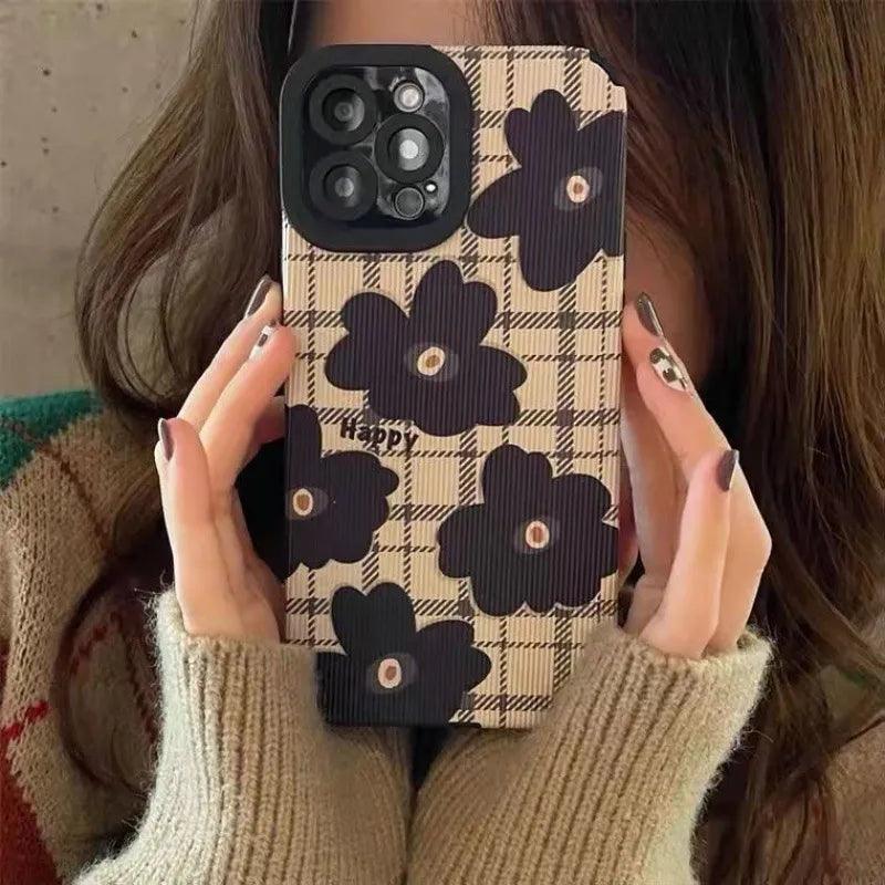 Cute Checkered Flowers Phone Case for iPhone 11, 12, 13, 14, Pro Max, 14 Plus, X, XS Max, XR, 12, 13 Mini, 7, 8 Plus - Touchy Style