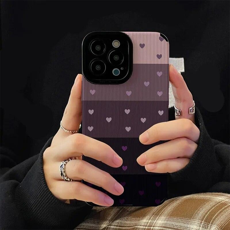 Cute Gradient Black and Purple Heart Pattern Phone Case for iPhone 14, 13, 12, 11, Pro Max, Mini, XR, XS, 6, 7, 8 Plus - Touchy Style