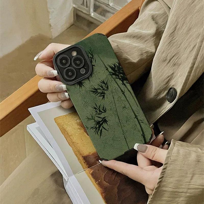 Cute Green Bamboo Phone Case with Soft Leather Cover for iPhone 6, 7, 8, XR, XS Max, 11, 12, 13, 14, Mini, and Pro Series - Touchy Style