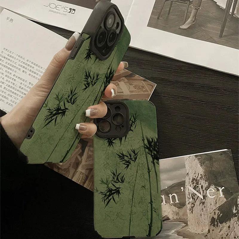 Cute Green Bamboo Phone Case with Soft Leather Cover for iPhone 6, 7, 8, XR, XS Max, 11, 12, 13, 14, Mini, and Pro Series - Touchy Style