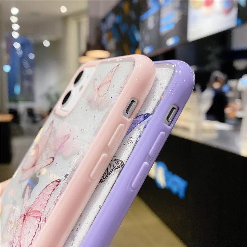 Cute Laser Card Butterfly Phone Case for iPhone 15 14 12 13 11 Pro Max XS Max XR 7 8 Plus Pink Purple Glitter Soft Clear TPU Cover - Touchy Style