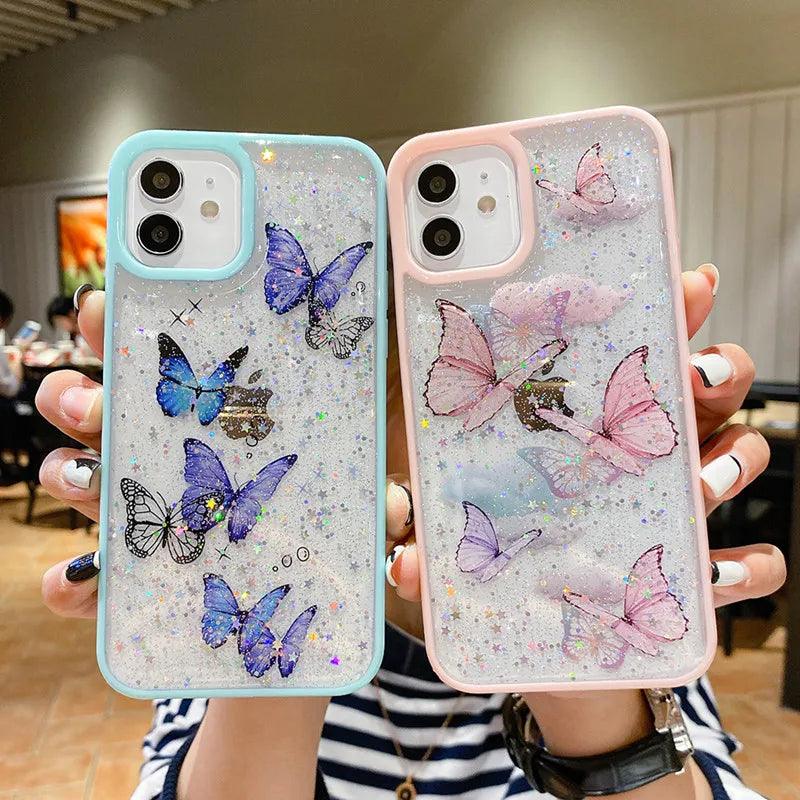 Cute Laser Card Butterfly Phone Case for iPhone 15 14 12 13 11 Pro Max XS Max XR 7 8 Plus Pink Purple Glitter Soft Clear TPU Cover - Touchy Style