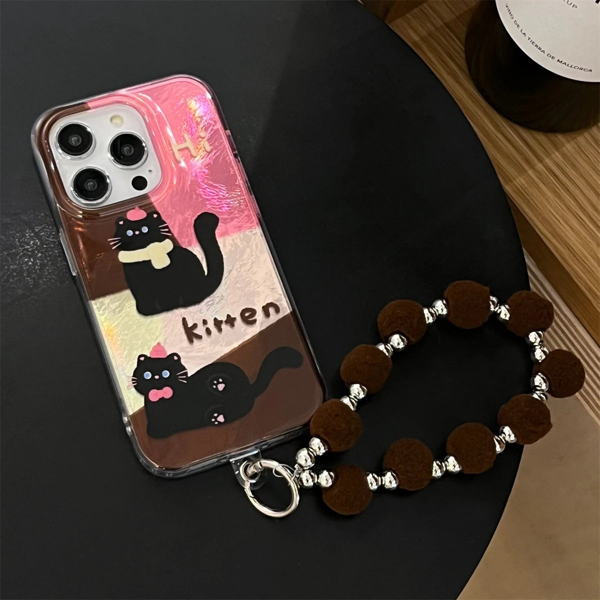 Cute Phone Case for iPhone 13, 14, 15, and 16 Pro Max - Cat Splicing Lattice Design with Hairball Wristband - TSP443 - Touchy Style