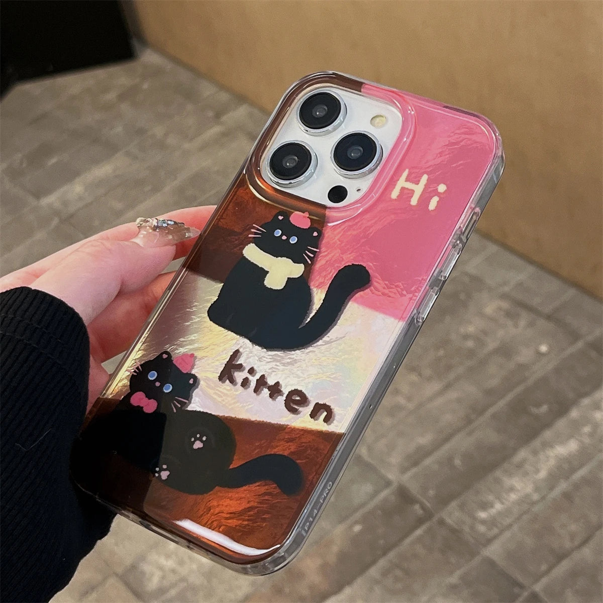 Cute Phone Case for iPhone 13, 14, 15, and 16 Pro Max - Cat Splicing Lattice Design with Hairball Wristband - TSP443 - Touchy Style