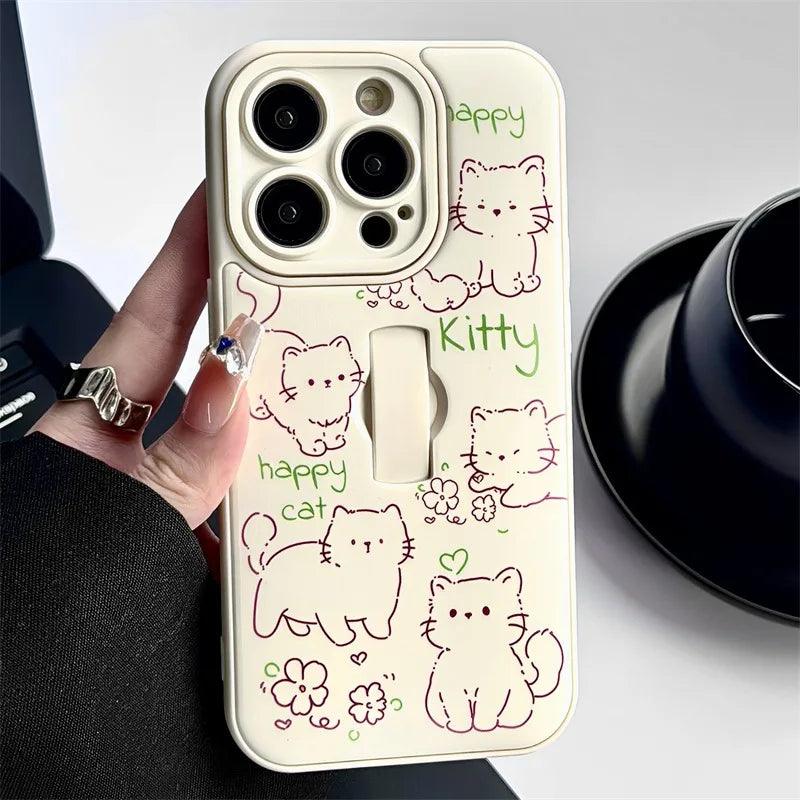 Cute Phone Case for iPhone 15 Pro Max, 14, 13, 11, and 12 – Cartoon Cat &amp; Rabbit Design with Invisible Ring Kickstand – TSP219