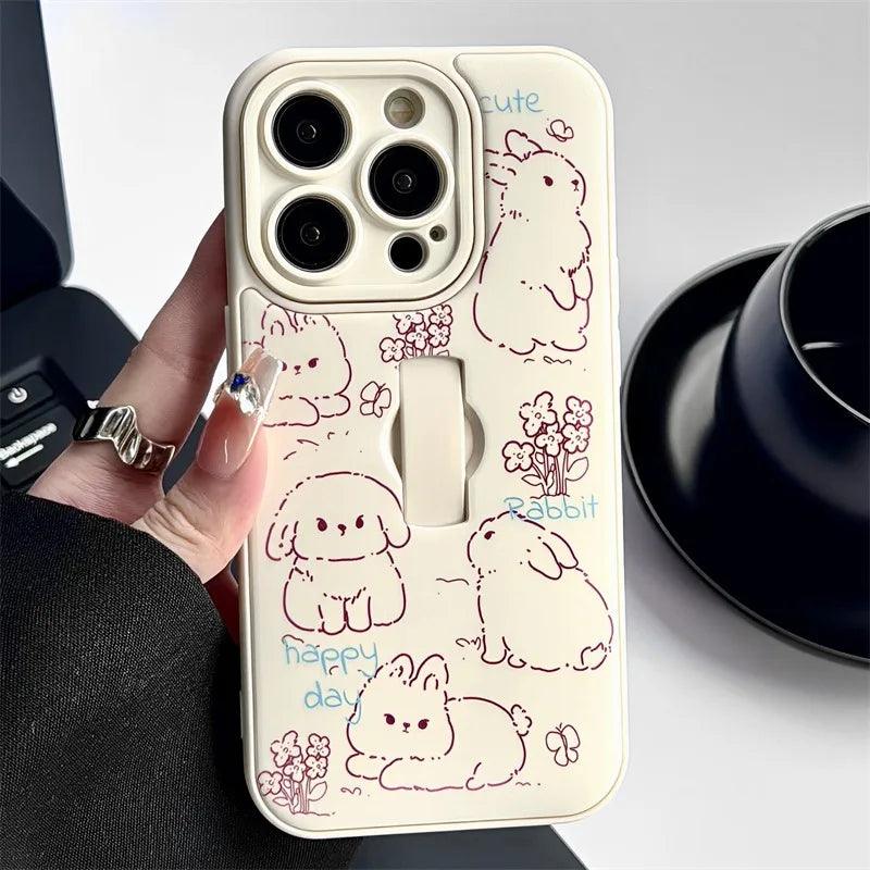 Cute Phone Case for iPhone 15 Pro Max, 14, 13, 11, and 12 – Cartoon Cat &amp; Rabbit Design with Invisible Ring Kickstand – TSP219