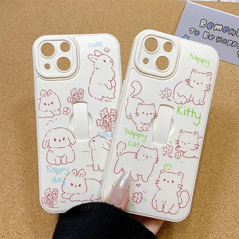 Cute Phone Case for iPhone 15 Pro Max, 14, 13, 11, and 12 – Cartoon Cat &amp; Rabbit Design with Invisible Ring Kickstand – TSP219