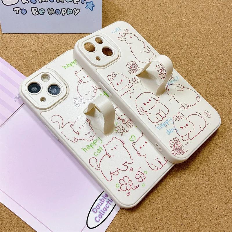 Cute Phone Case for iPhone 15 Pro Max, 14, 13, 11, and 12 – Cartoon Cat &amp; Rabbit Design with Invisible Ring Kickstand – TSP219 - Touchy Style