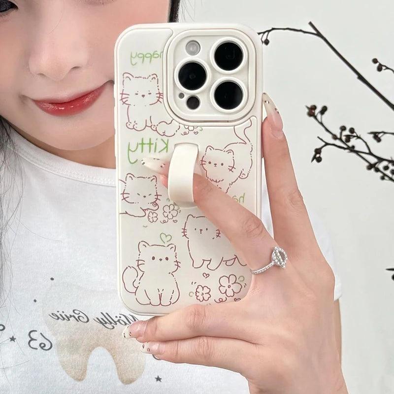 Cute Phone Case for iPhone 15 Pro Max, 14, 13, 11, and 12 – Cartoon Cat &amp; Rabbit Design with Invisible Ring Kickstand – TSP219 - Touchy Style