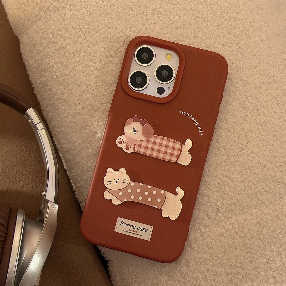 Cute Phone Case for iPhone 16, 15, 14, 13, and 12 Pro Models – Cartoon 3D Polka Dot Lattice Dog &amp; Cat – TSP437 - Touchy Style