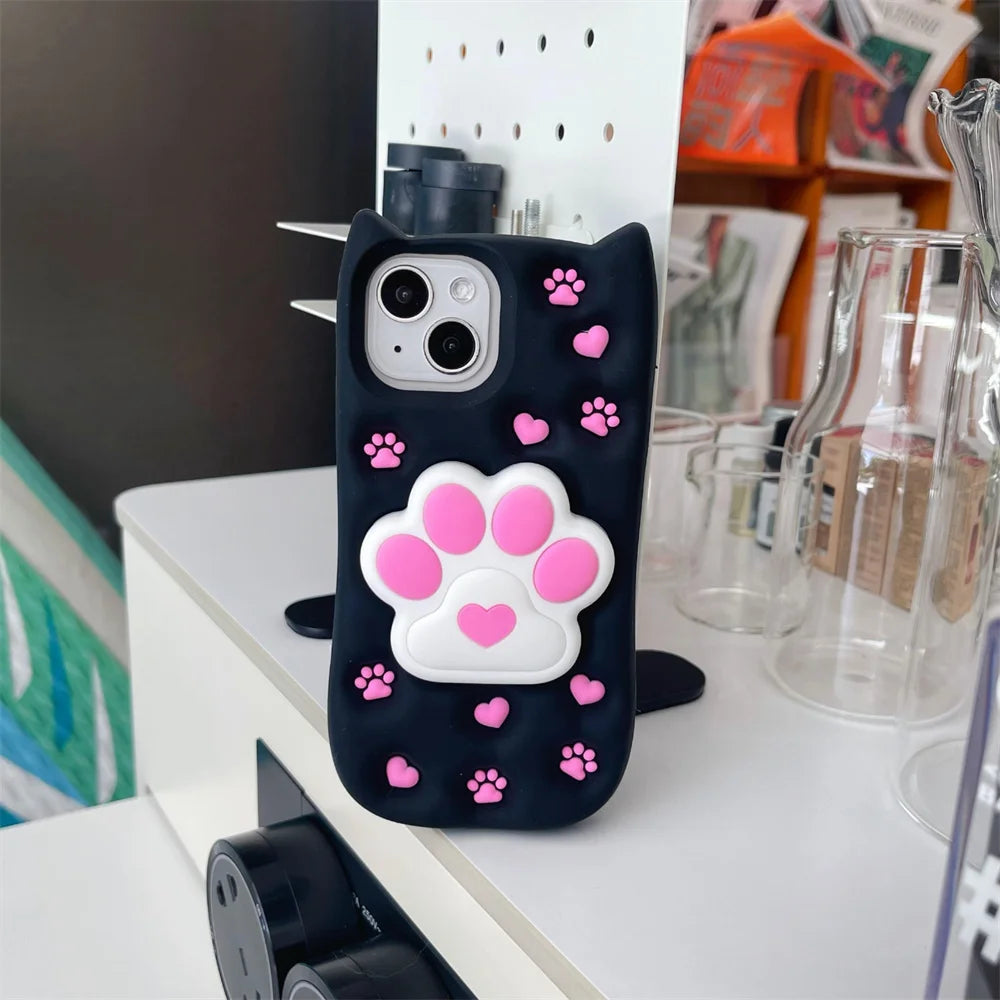 Cute Phone Cases: 3D Cat Paw Silicone Case with Stand for iPhone 15/14/13/12 Pro Max - TSP310 - Touchy Style