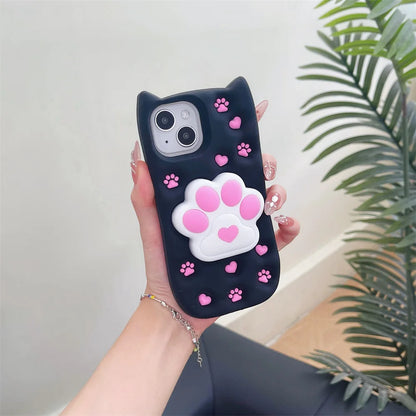 Cute Phone Cases: 3D Cat Paw Silicone Case with Stand for iPhone 15/14/13/12 Pro Max - TSP310 - Touchy Style