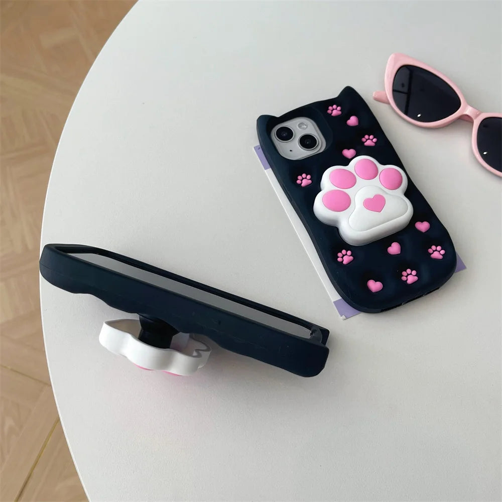 Cute Phone Cases: 3D Cat Paw Silicone Case with Stand for iPhone 15/14/13/12 Pro Max - TSP310 - Touchy Style