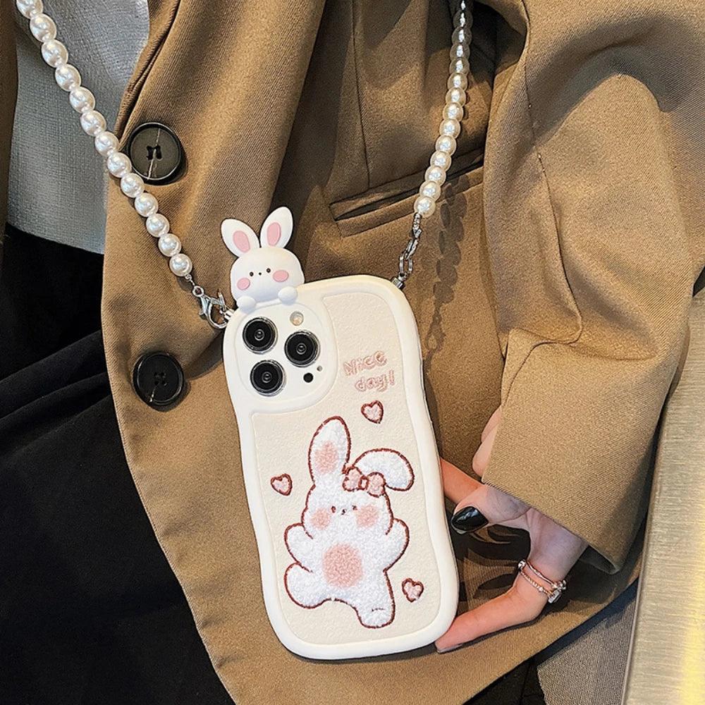 Cute Phone Cases - 3D Plush Rabbit Doll with Pearl Crossbody Strap for iPhone 11-15 Pro Max - TSP293 - Touchy Style