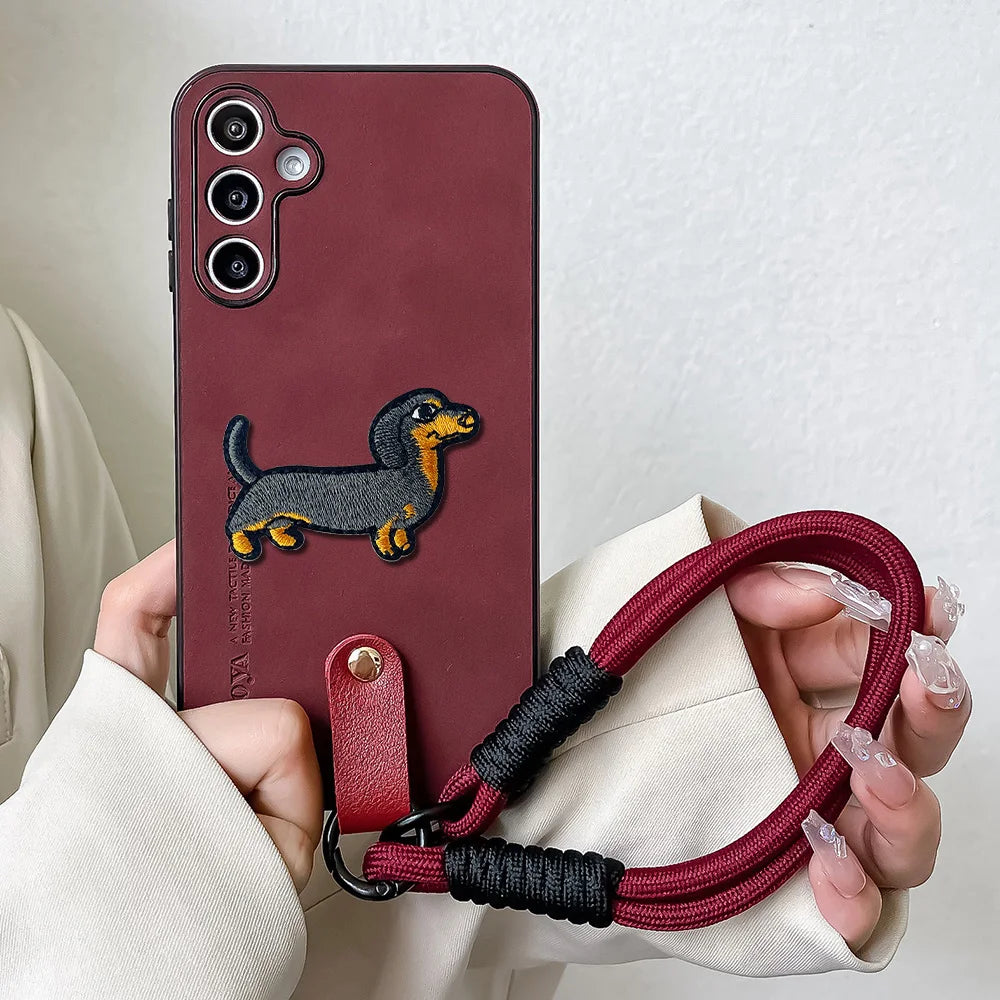 Cute Phone Cases Cute For Galaxy S24, S23, S22, S21, S20, S20 Plus, Ultra, FE, A04, A06, A05, A16, A42 - 3D Embroidery Dog Pattern with Wrist Chain - TSP475 - Touchy Style