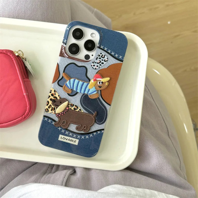 Cute Phone Cases: Embroidery Dachshund Puppy Denim Leopard Art for iPhone 15, 14, 13, 12 Pro Max - TSP376 - Touchy Style