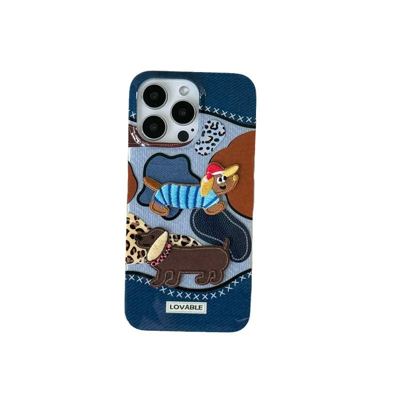 Cute Phone Cases: Embroidery Dachshund Puppy Denim Leopard Art for iPhone 15, 14, 13, 12 Pro Max - TSP376 - Touchy Style