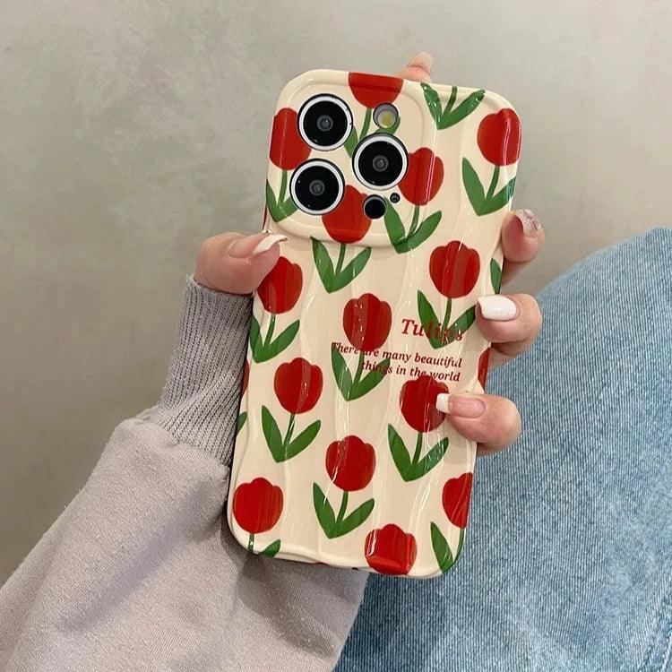 Cute Phone Cases For iPhone 11, 12, 13, 14, and 15 Pro Max - Beautiful Red Flower - Wavy Cover - TSP266 - Touchy Style