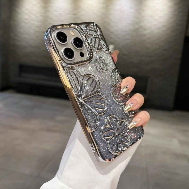 Cute Phone Cases for iPhone 11, 12, 13, 14, and 15 Pro Max - Luxury Glitter Flowers Cover - TSP194 - Touchy Style