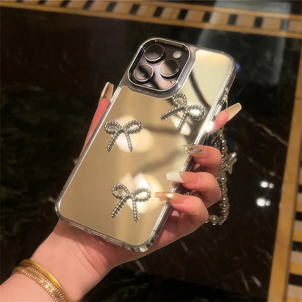 Cute Phone Cases For iPhone 11, 12, 13, 14, and 15 Pro Max - Mirror Bow Plating with Wristchain - TSP368 - Touchy Style